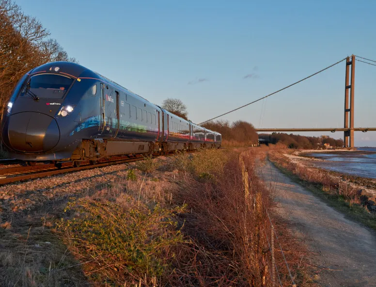 Hull Trains passing the Humber Bridge