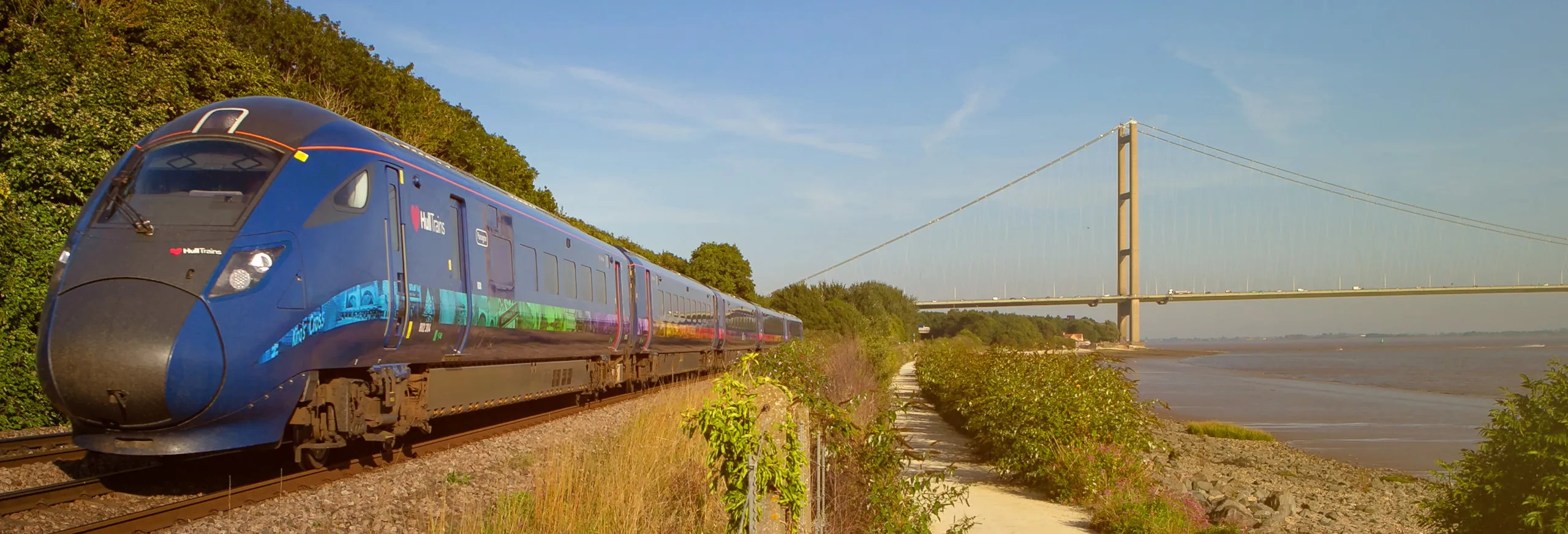 Hull Trains Paragon passing Humber Bridge
