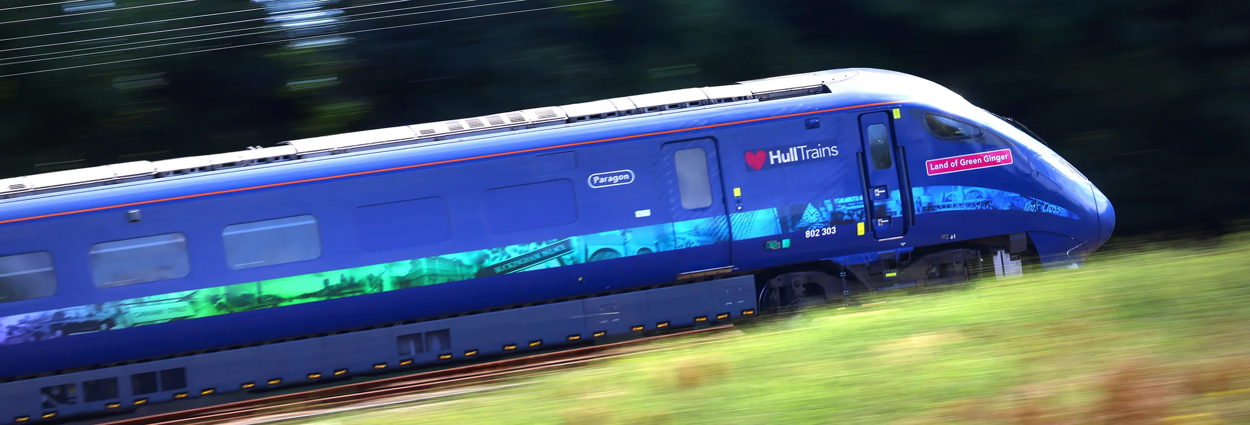 A photo of a Hull Trains service travelling at speed