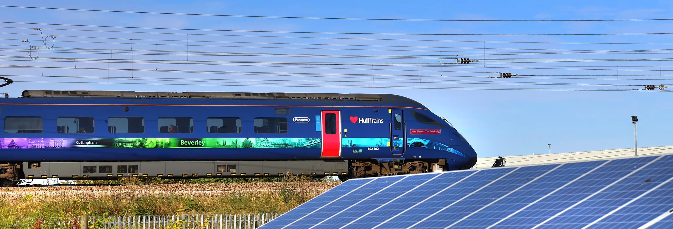 Hull Trains passing solar panels on route