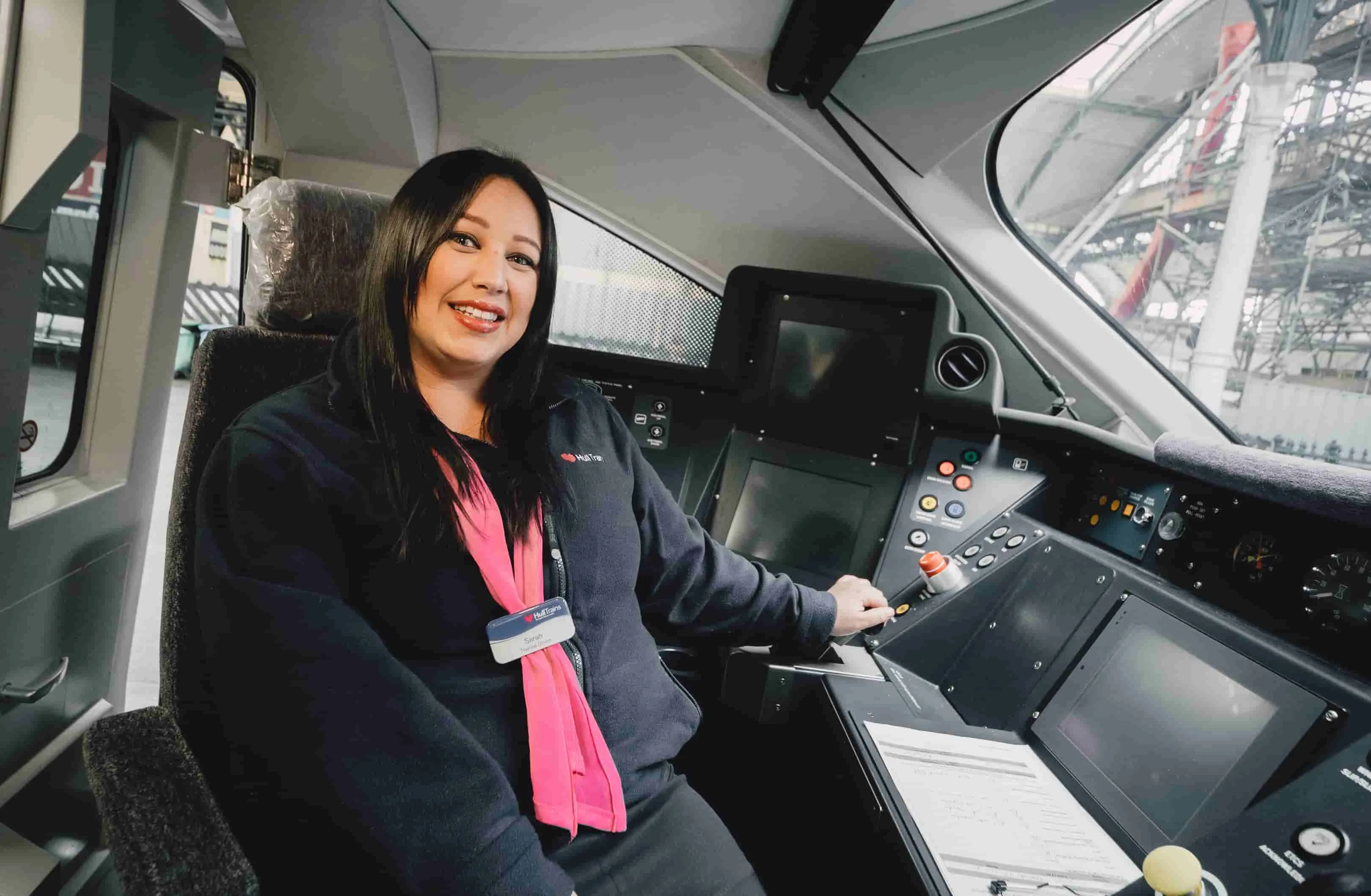 Sarah Goulbourne in the driver's seat of a test 802, in what will be Hull Trains' new fleet