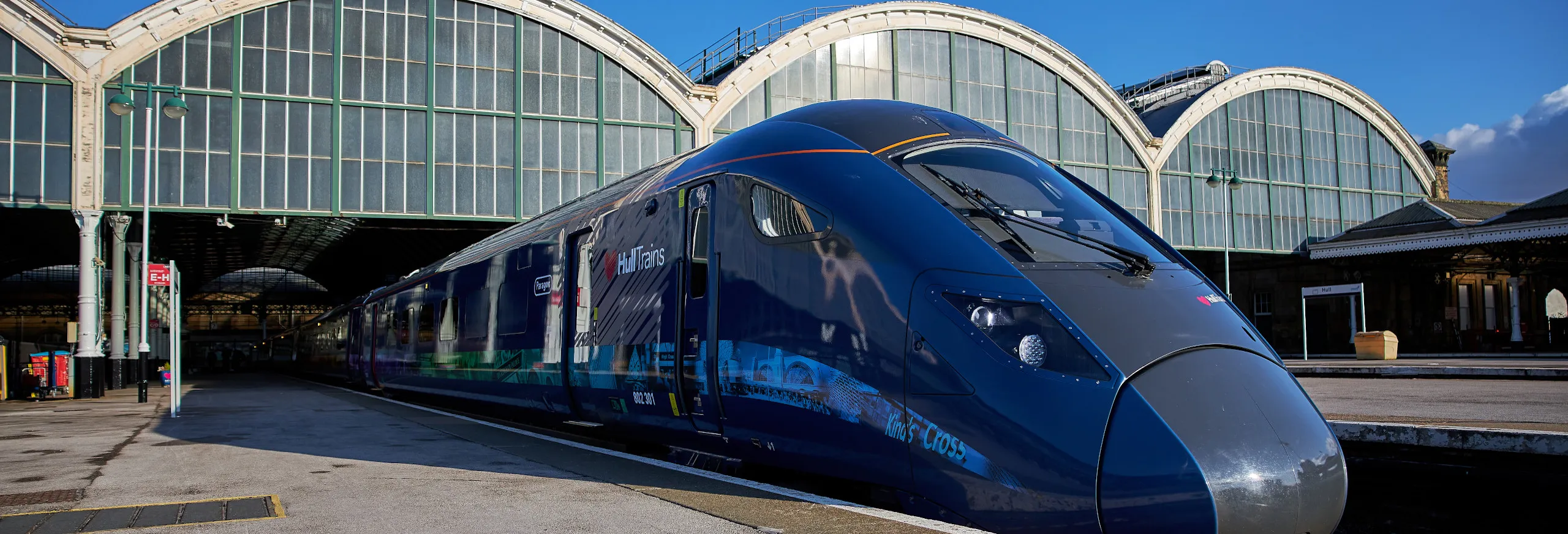 Hull Trains Paragon at Hull station with blue skies