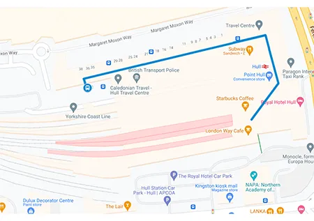 Hull station rail replacement stop location on a map