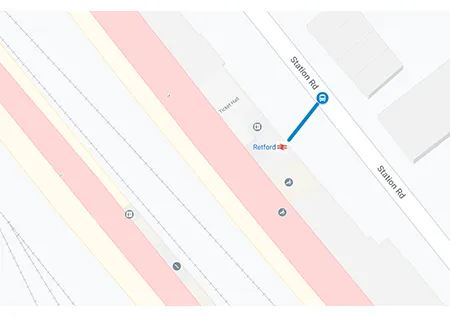 Retford station rail replacement stop location on a map