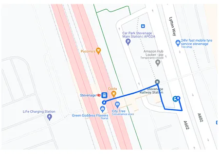 Stevenage station rail replacement stop location on a map