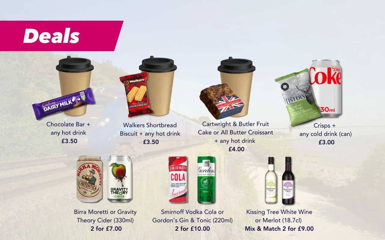 A graphic showing the range of Standard Class at-seat trolley deals onboard Hull Trains
