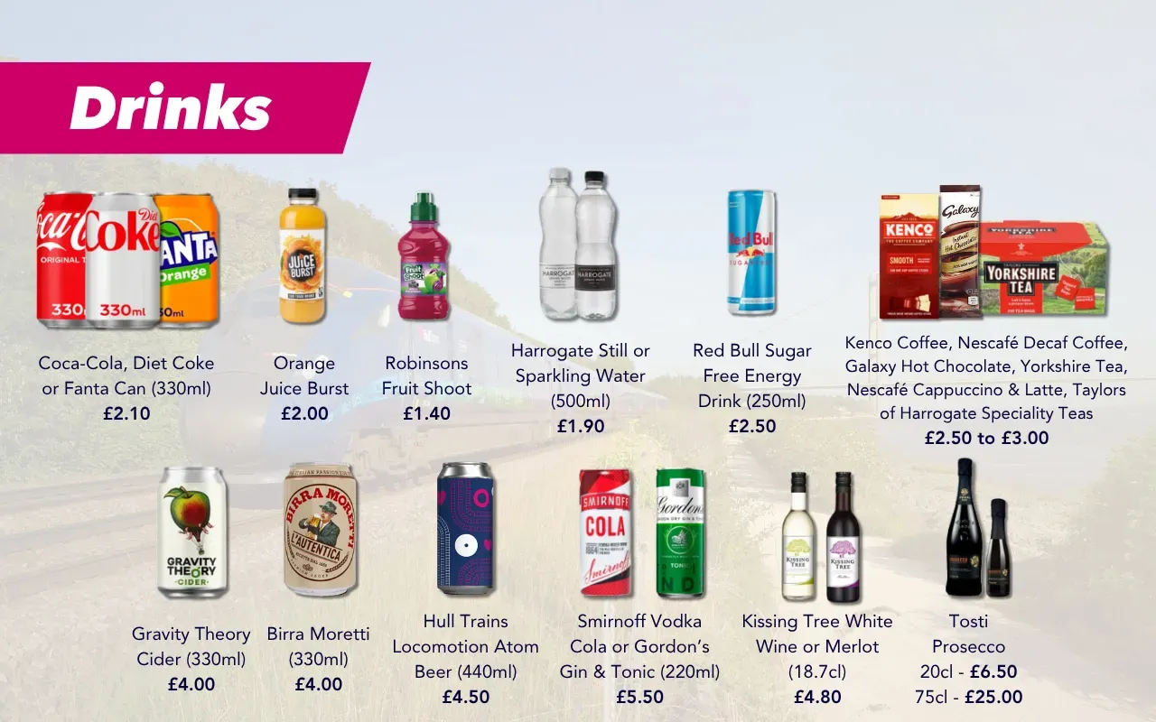 A graphic showing the range of drinks on the Standard Class at-seat trolley onboard Hull Trains