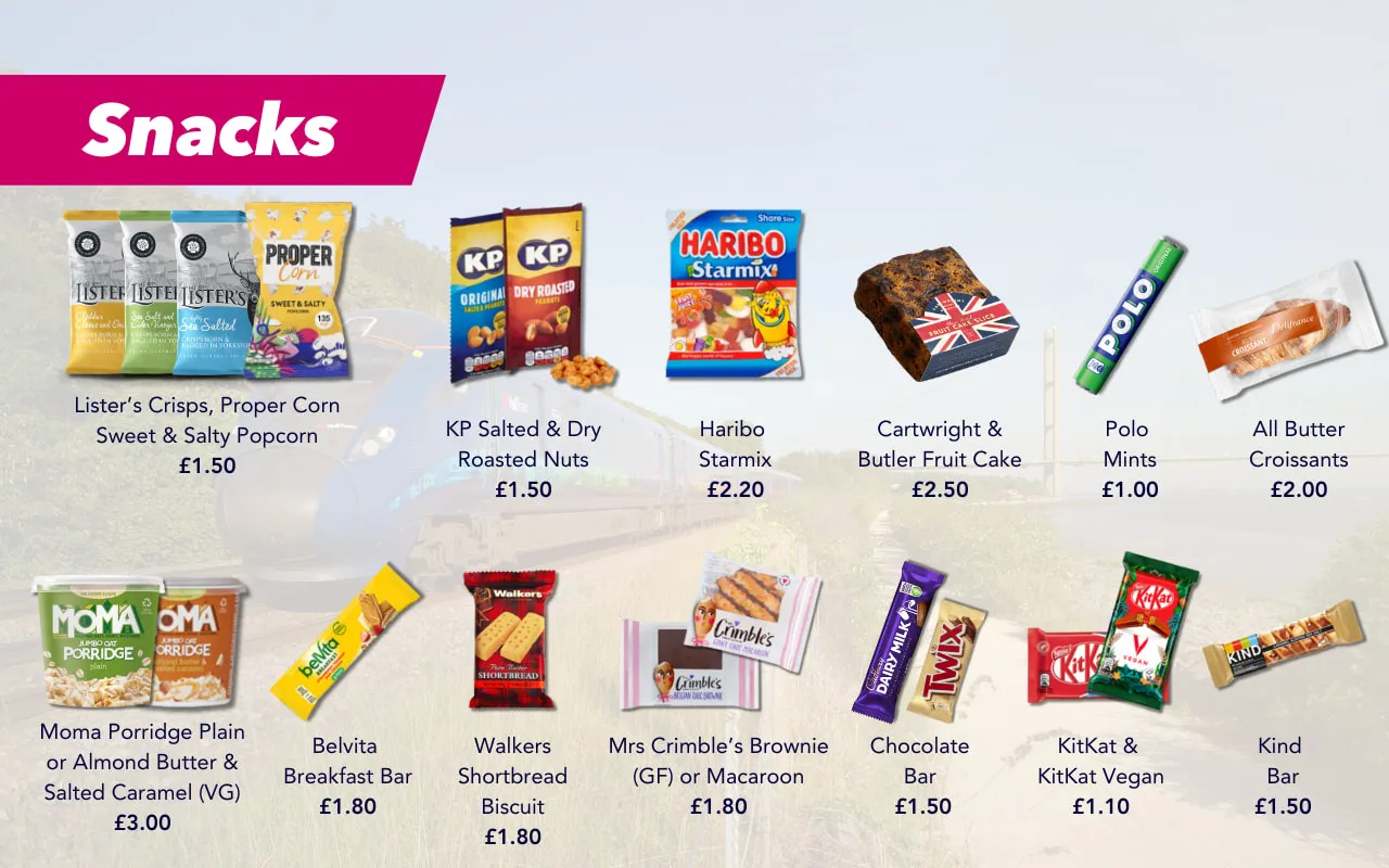 A graphic showing the range of snacks on the Standard Class at seat trolley onboard Hull Trains